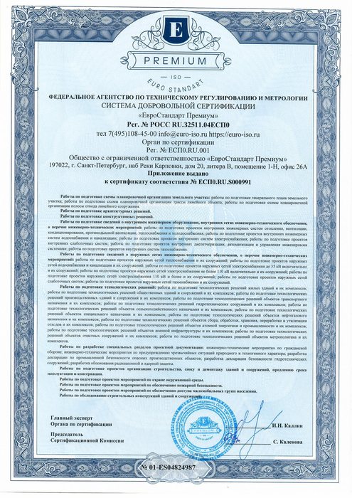 Приложение к сертификату: Перечень видов проектных работ